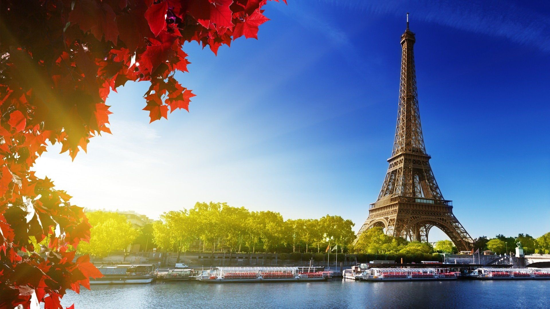 Eiffel Tower, Paris, Sunlight, Water, Trees, River, Boat, Architecture, Leaves, Sky Wallpaper