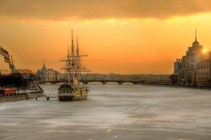 cityscape, Sun, Sunset, River, Bridge, St. Petersburg, Russia, Cathedral, Architecture, Building, Ship, Ice, Frost