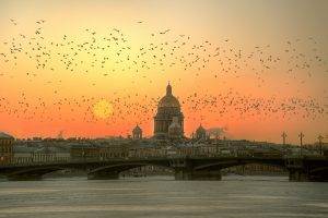 cityscape, Sun, Sunset, River, Bridge, St. Petersburg, Russia, Cathedral, Architecture, Building, Birds, Leningrad