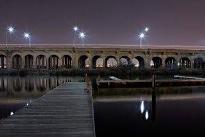 bridge, Water, River, Architecture, Pier, Lights, Long Exposure, Lamps, Night