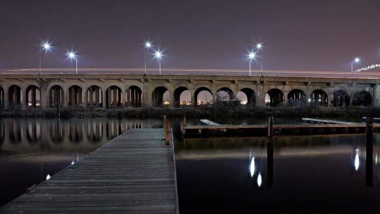 bridge, Water, River, Architecture, Pier, Lights, Long Exposure, Lamps, Night HD Wallpaper Desktop Background