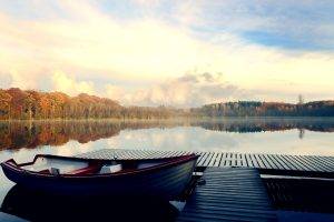 nature, Boat, Pier, Lake, Clouds, Fall, Trees, Forest