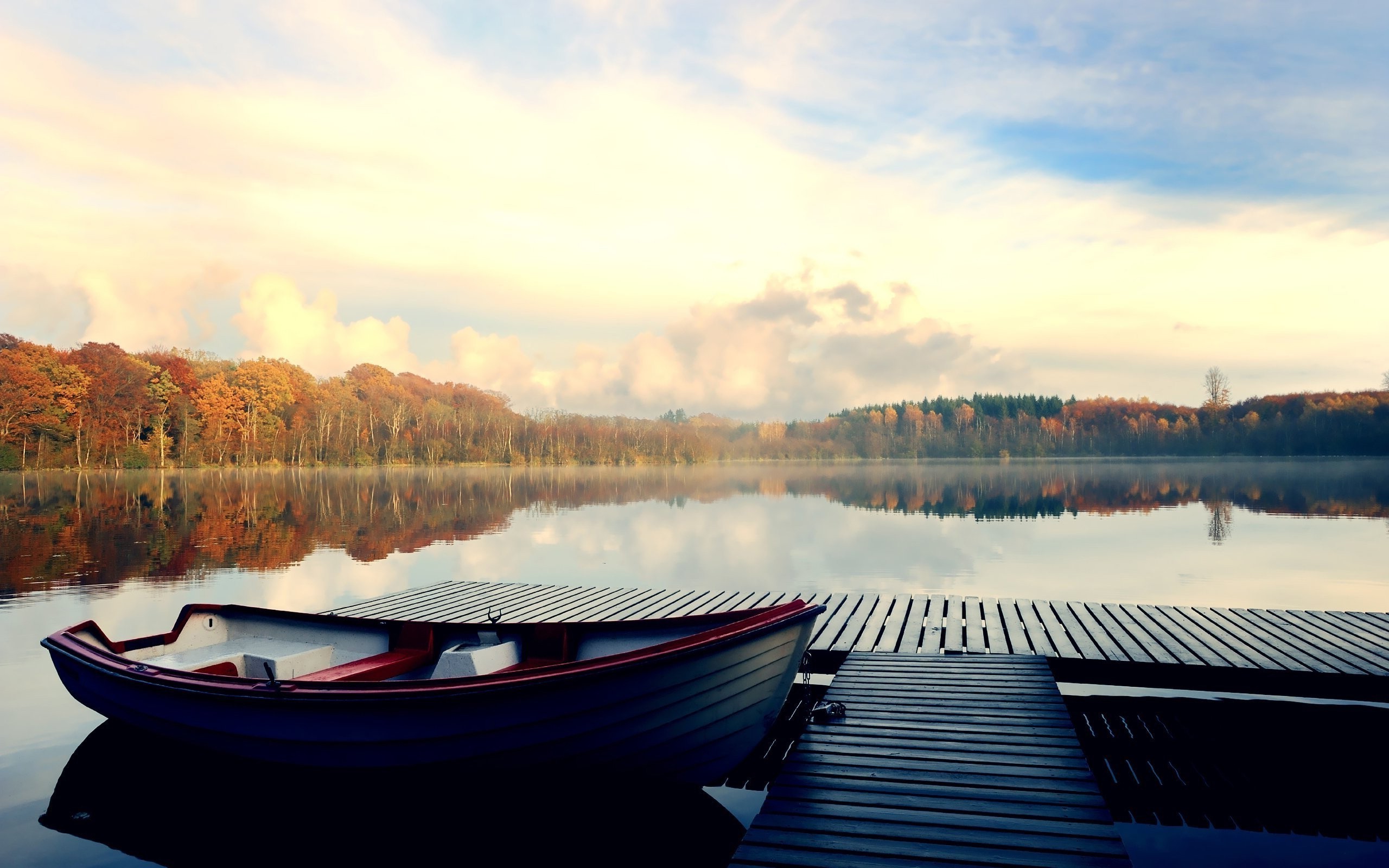 nature, Boat, Pier, Lake, Clouds, Fall, Trees, Forest Wallpaper