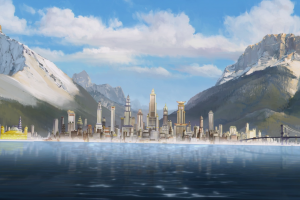 digital Art, Painting, Mountain, Lake, Bridge, Cityscape, Skyscraper, Snow, Clouds, Reflection, Avatar, Republic City, The Legend Of Korra