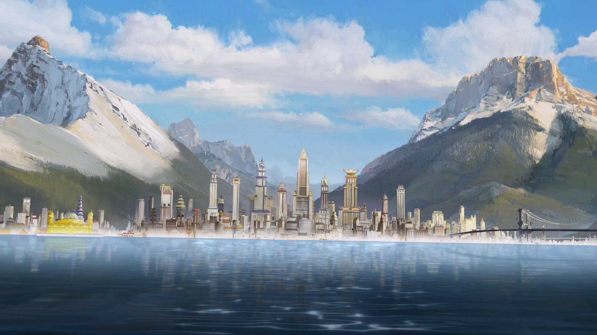 digital Art, Painting, Mountain, Lake, Bridge, Cityscape, Skyscraper, Snow, Clouds, Reflection, Avatar, Republic City, The Legend Of Korra Wallpaper