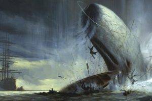 nature, Animals, Sea, Moby Dick, Whale, Artwork, Waves, Ship, Boat, Men, Fighting, Clouds
