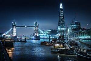 city, Cityscape, Night, Lights, London, London Bridge, River, Skyscraper, Building, Cranes (machine), Ship, Boat, River Thames