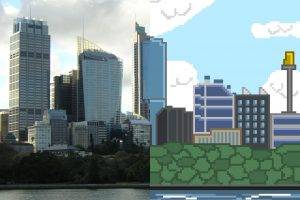pixels, Pixel Art, Cityscape, Building, Skyscraper, River, Photo Manipulation, Clouds, Sydney, Australia, Trees