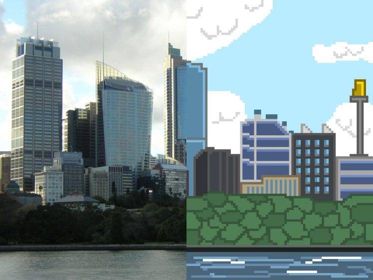 pixels, Pixel Art, Cityscape, Building, Skyscraper, River, Photo Manipulation, Clouds, Sydney, Australia, Trees HD Wallpaper Desktop Background