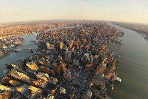 architecture, USA, Bridge, Building, Skyscraper, One World Trade Center, Birds Eye View, Sunlight, Shadow, City, Urban, New York City, Manhattan, Aerial View, River, Cityscape