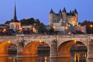 architecture, Cityscape, Castle, Tower, Bridge, France, River, Church, Evening, Lights, Trees, Lamps