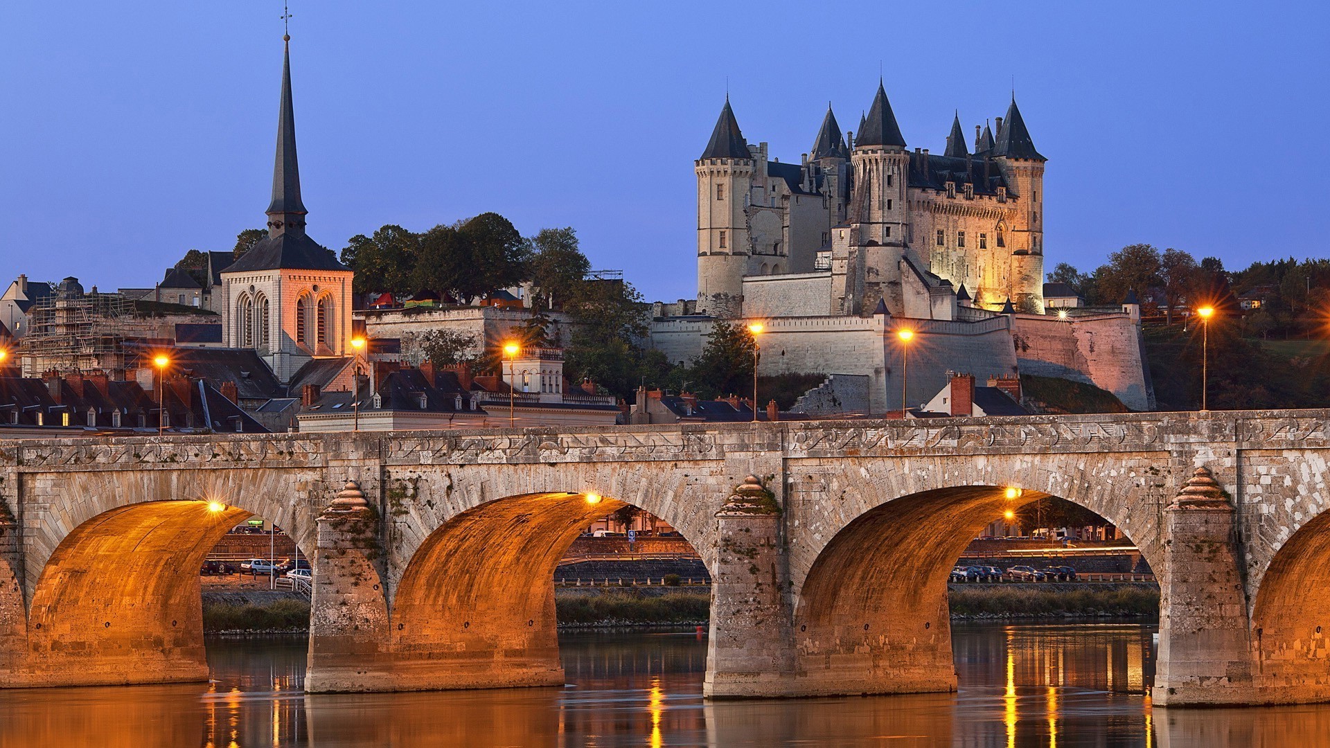 architecture, Cityscape, Castle, Tower, Bridge, France, River, Church, Evening, Lights, Trees, Lamps Wallpaper