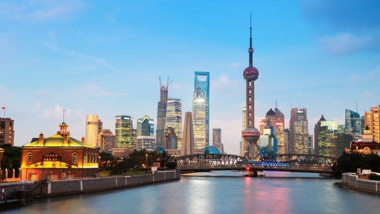 architecture, Cityscape, Building, Shanghai, China, Skyscraper, River, Bridge, Tower, Lights HD Wallpaper Desktop Background