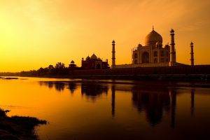 sunset, Taj Mahal, Palace, River, Reflection, India, Architecture, Orange, Building, Old Building