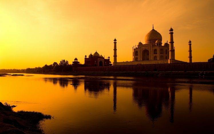 sunset, Taj Mahal, Palace, River, Reflection, India, Architecture, Orange, Building, Old Building HD Wallpaper Desktop Background