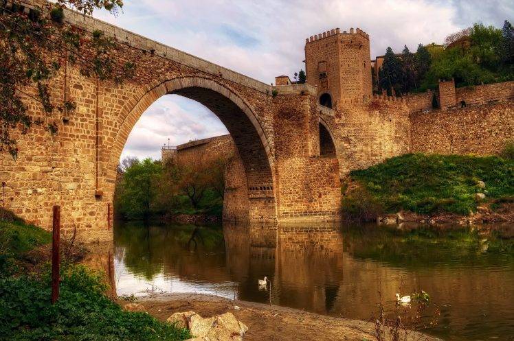 architecture, Nature, Clouds, Building, Water, Bridge, Castle, Spain, River, Trees, Tower, Swans HD Wallpaper Desktop Background