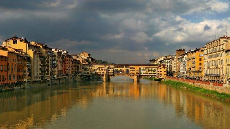architecture, Nature, Clouds, Building, Water, Bridge, River, Town, Italy, Crowds, Reflection HD Wallpaper Desktop Background