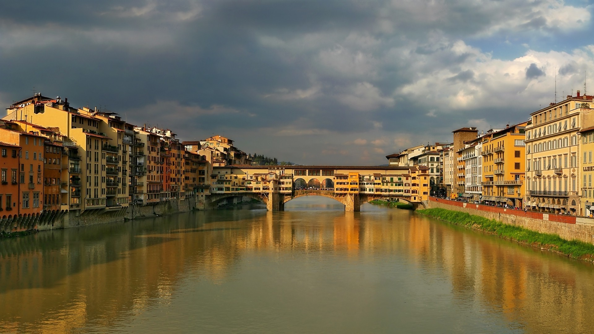 architecture, Nature, Clouds, Building, Water, Bridge, River, Town, Italy, Crowds, Reflection Wallpaper