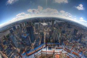 cityscape, City, Architecture, Skyscraper, Building, Birds Eye View, New York City, USA, Fisheye Lens, Construction Site, Clouds, Sunlight, River, Street, Bridge, One World Trade Center