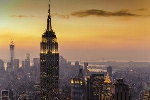 cityscape, Architecture, Building, City, Skyscraper, Manhattan, Empire State Building, New York City, USA, Birds Eye View, Lights, Sunset, River, Cranes (machine), Clouds, Bridge