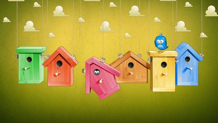 wood, House, Nature, Artwork, Digital Art, Birds, Clouds, Ropes, Minimalism, Colorful HD Wallpaper Desktop Background