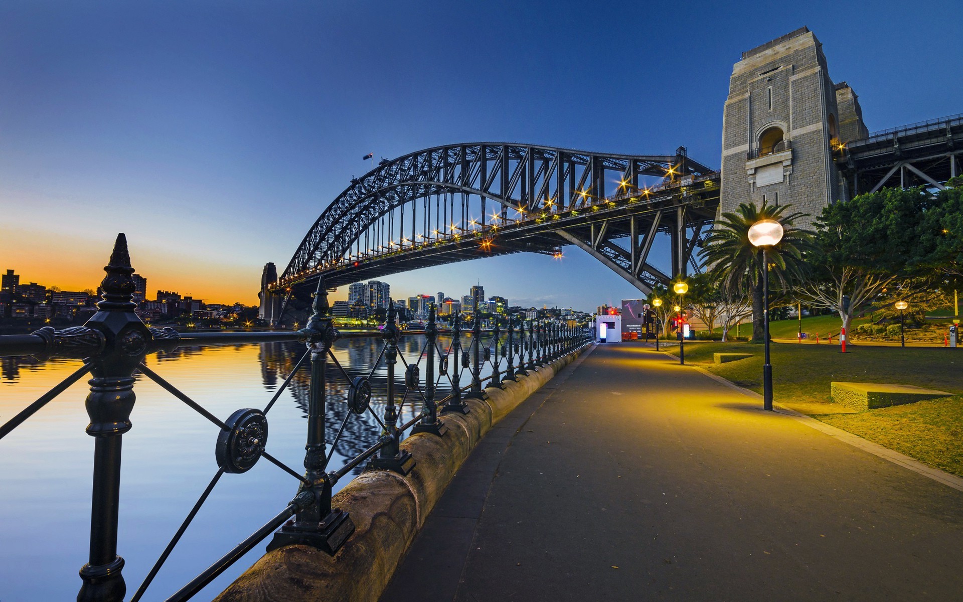 architecture, Water, Cityscape, Sydney, Australia, Bridge, Street, Evening, Lights, Sunset, River, Palm Trees, Building, Fence, Reflection Wallpaper