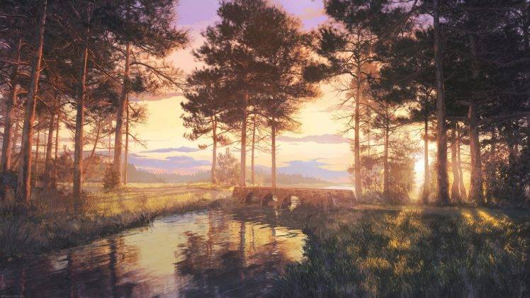 forest, Trees, River, Bridge, Sunset, Grass, Painting HD Wallpaper Desktop Background