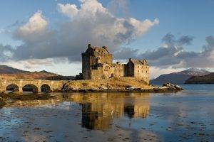 Scotland, Castle, UK, Eilean Donan, Clouds, Lake, Bridge, Reflection