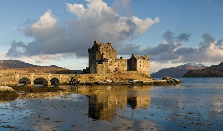 Scotland, Castle, UK, Eilean Donan, Clouds, Lake, Bridge, Reflection HD Wallpaper Desktop Background