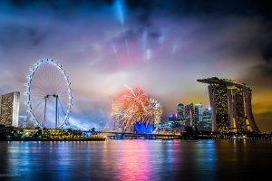 night, Singapore, Clouds, River, City