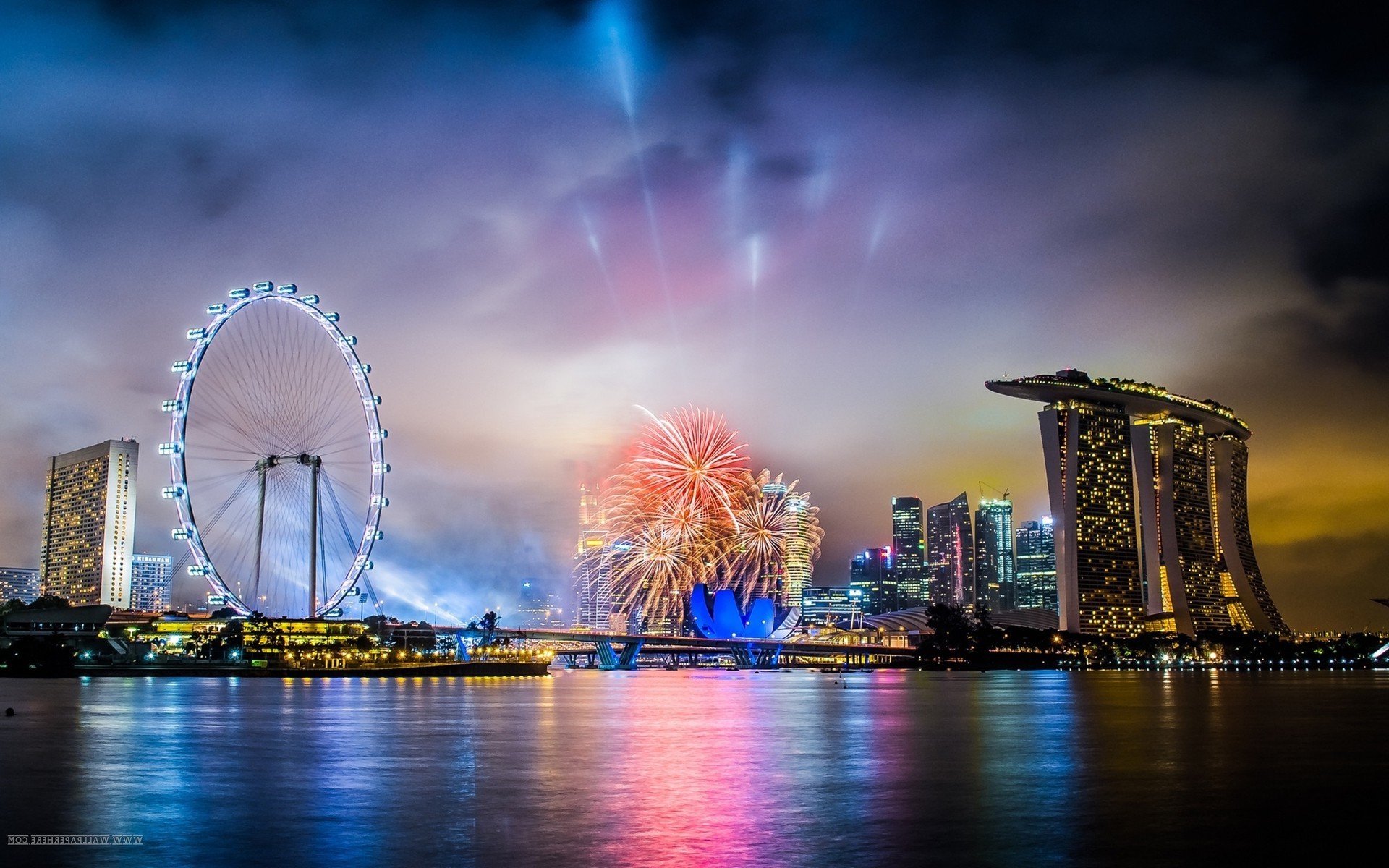 night, Singapore, Clouds, River, City Wallpaper