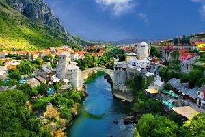city, Cityscape, Bosnia, Bridge, River, Stari Most, Architecture, Mostar