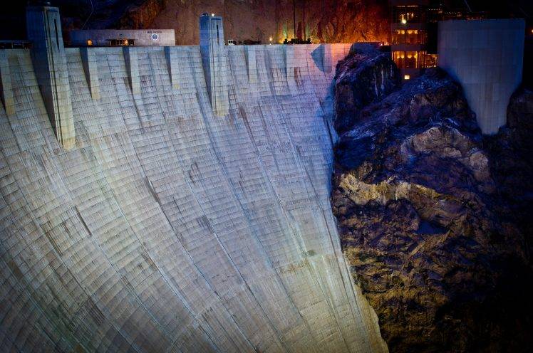 nature, Architecture, Rock, Dam, Concrete, Hoover Dam, Nevada, Arizona, USA, Night, Lights, Building HD Wallpaper Desktop Background