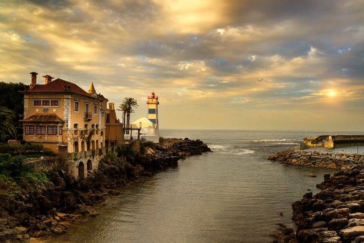 architecture, Old Building, Water, River, Sea, Portugal, Rock, Stones, Lighthouse, Palm Trees, Sun, Clouds, Birds HD Wallpaper Desktop Background
