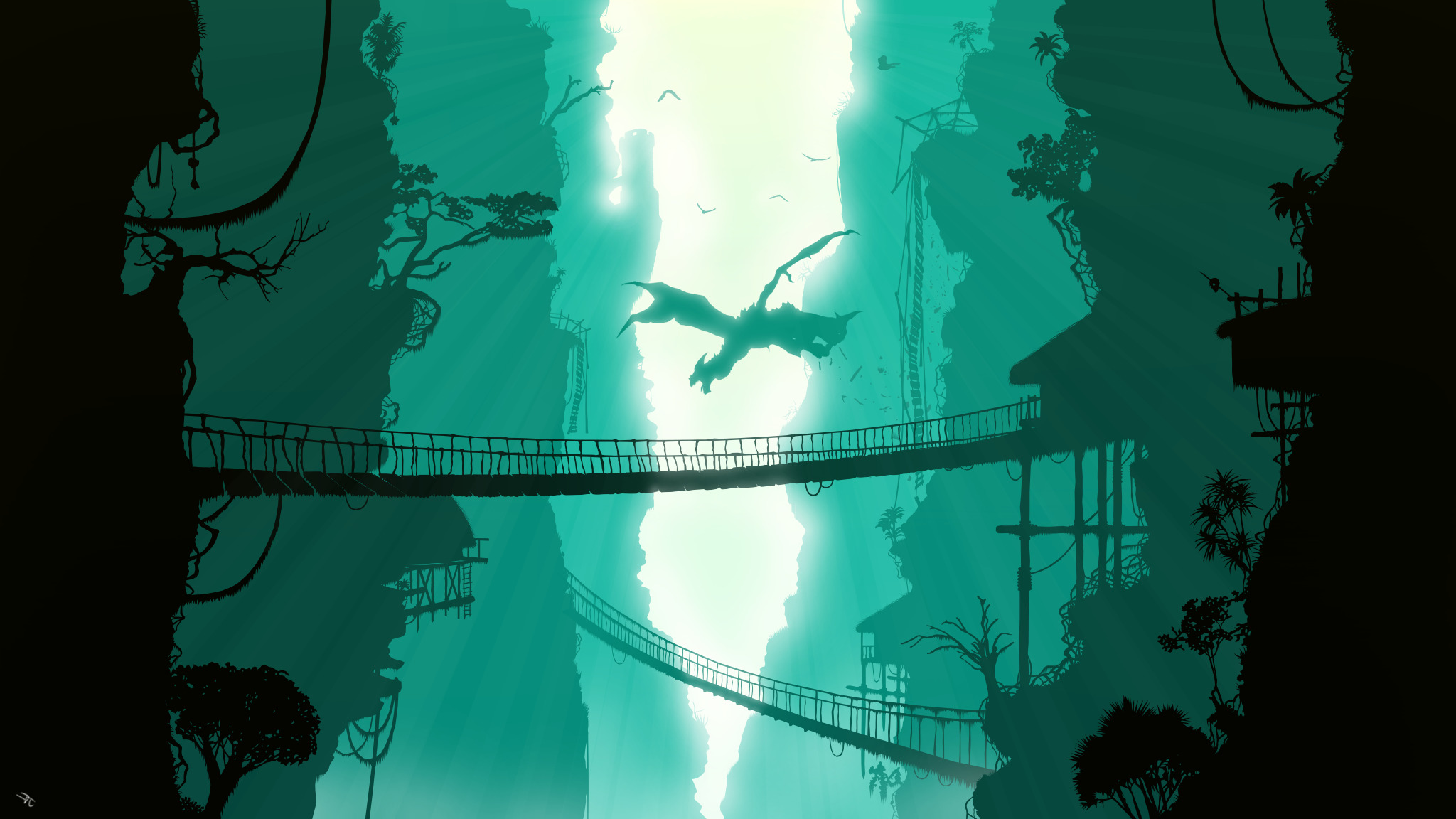 digital Art, Dragon, Nature, Birds, Bridge, Trees Wallpaper