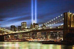 cityscape, New York City, Bridge, River, Building, Lights, Never Forget