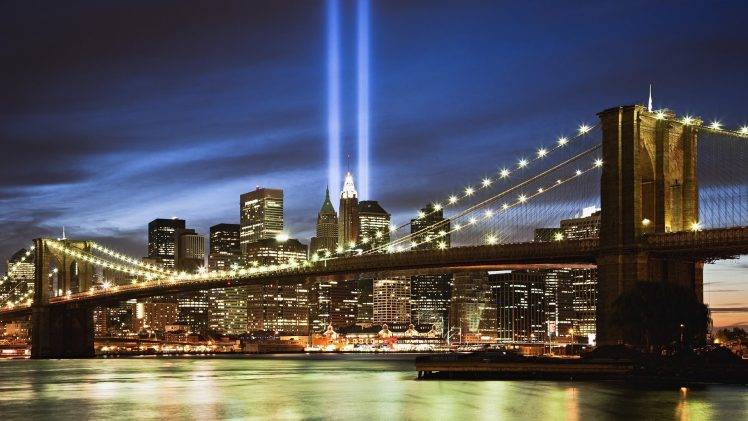 cityscape, New York City, Bridge, River, Building, Lights, Never Forget HD Wallpaper Desktop Background