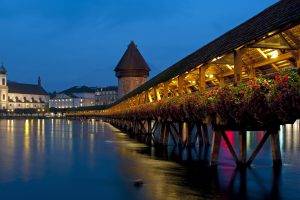 bridge, Reflection, Flowers, Luzern