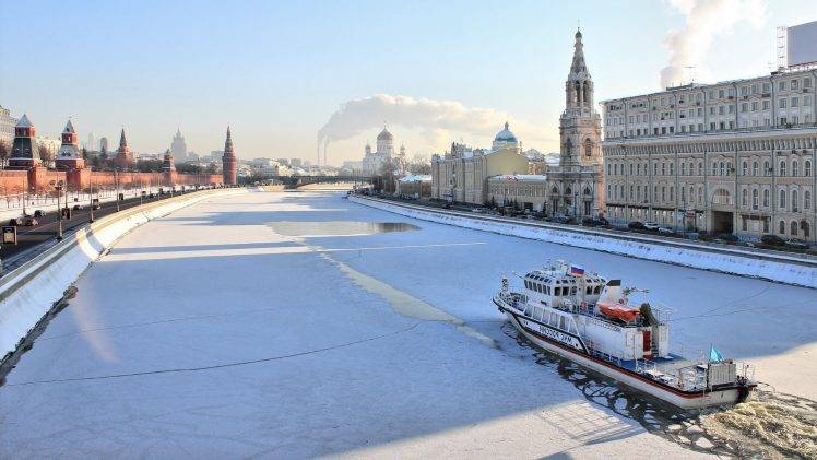 river, Ice, Snow, Boat, Building, Architecture, Moscow HD Wallpaper Desktop Background
