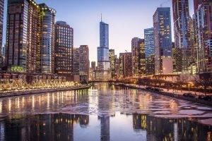 cityscape, Architecture, Building, Evening, Lights, Water, Reflection, Chicago, USA, Skyscraper, River, Snow, Ice, Winter, Trees, Street