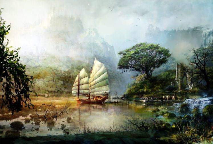 Guild Wars 2, Concept Art, Boat, Lake, Trees HD Wallpaper Desktop Background