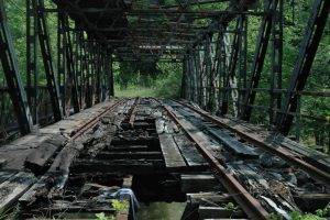 bridge, Ruin, Railway, Construction, Metal, Nature, Trees, Rust