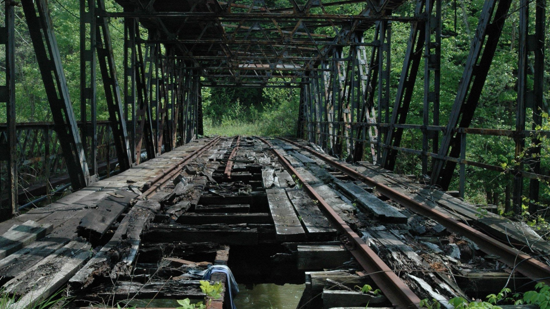bridge, Ruin, Railway, Construction, Metal, Nature, Trees, Rust Wallpaper