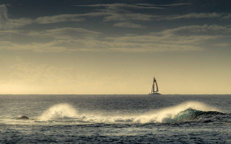 sea, Nature, Boat, Clouds, Surfing HD Wallpaper Desktop Background