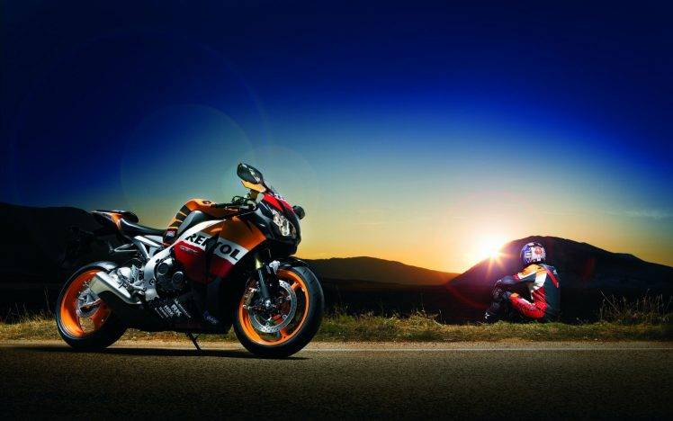 motors, Sunset, Helmet, Mountain, Honda Cbr 1000 Rr, Repsol Honda HD Wallpaper Desktop Background