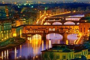 city, Florence, Italy, Bridge, River, Lights, Cityscape
