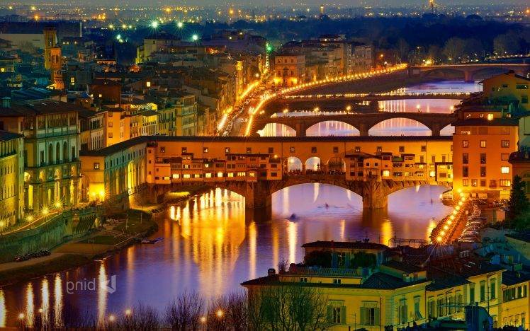 city, Florence, Italy, Bridge, River, Lights, Cityscape HD Wallpaper Desktop Background
