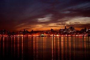 skyline, Night, City, Lights, Reflection, Lake, New York City