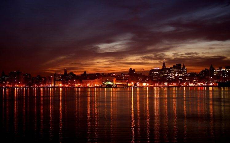 skyline, Night, City, Lights, Reflection, Lake, New York City HD Wallpaper Desktop Background