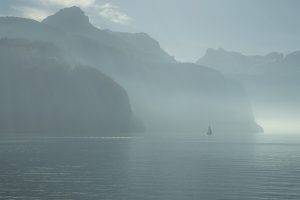 nature, Mountain, Lake, Boat, Mist